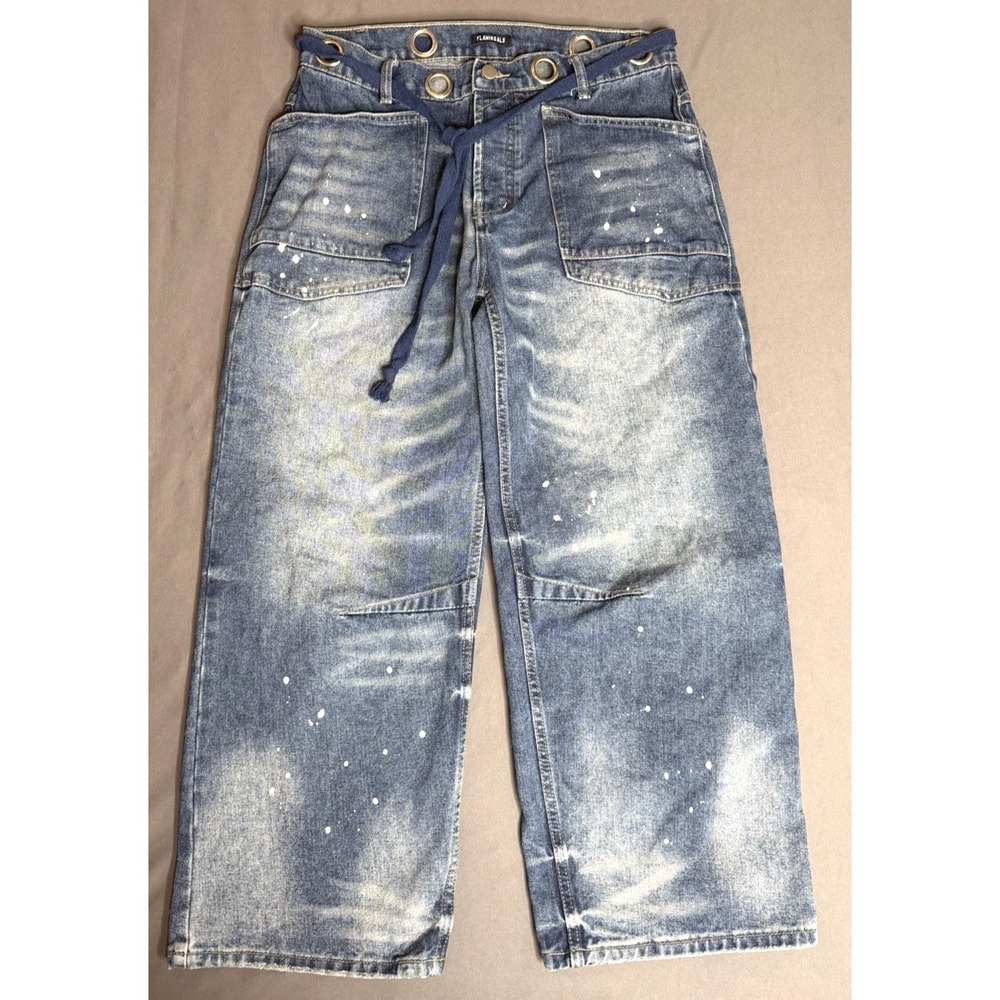 Flamingals Wide Baggy Barrel Leg Jeans Womens Large Paint Splatter Distressed.